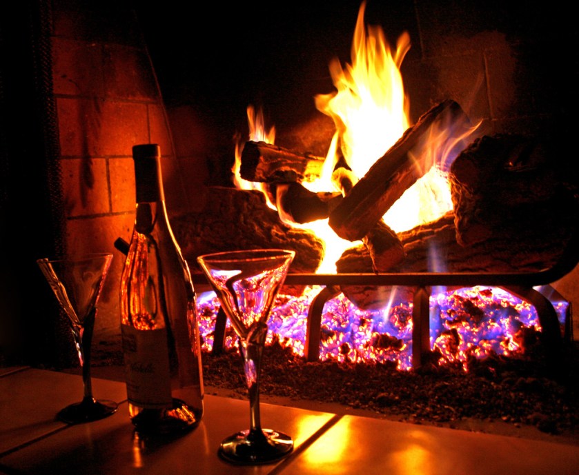 Romantic fireplace and wine.