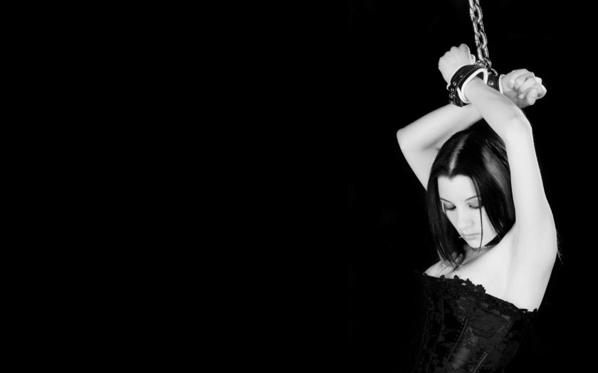 A woman in bondage.